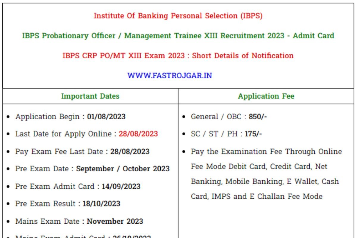 IBPS PO Admit Card OUT for PO/ MT Mains Written Exam 2023 Download Link