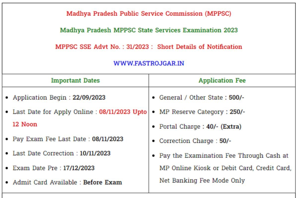 MPPSC State Service Recruitment 2023, Admit Card, Eligibility, Notification, Vacancy