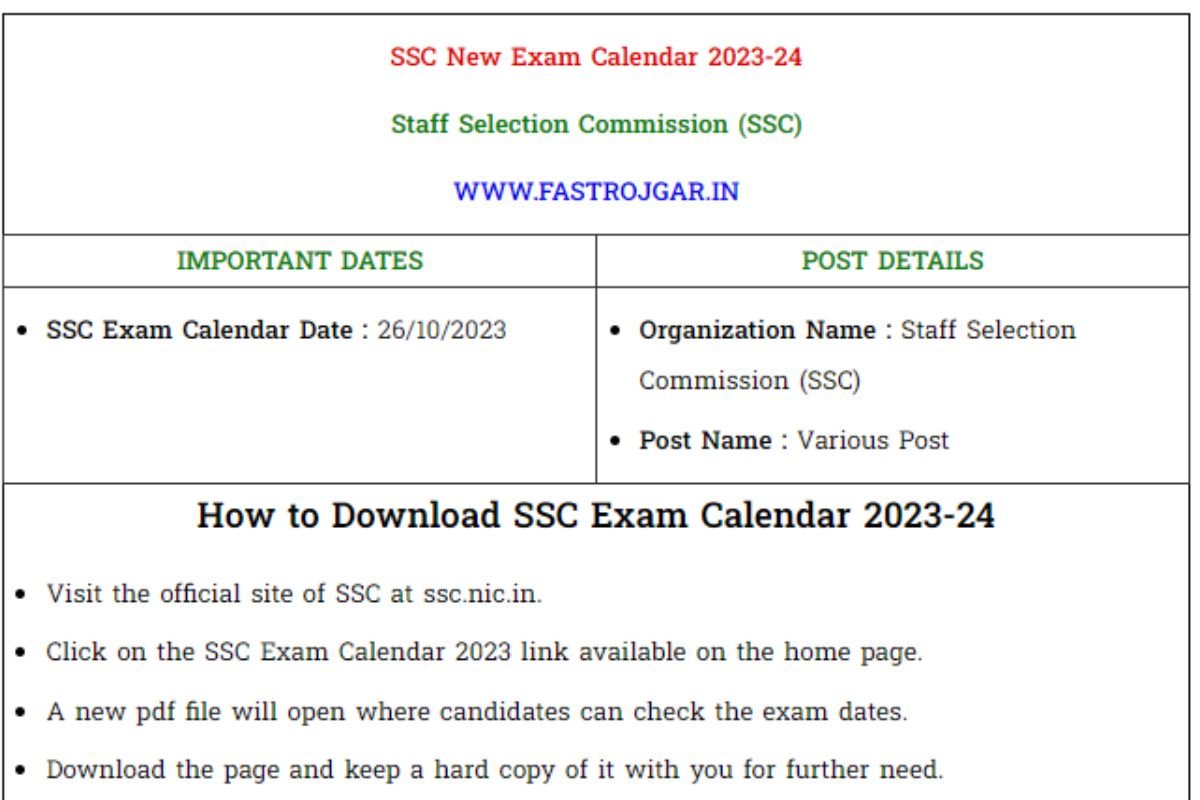 SSC New Exam Calendar 2024-25 PDF Download