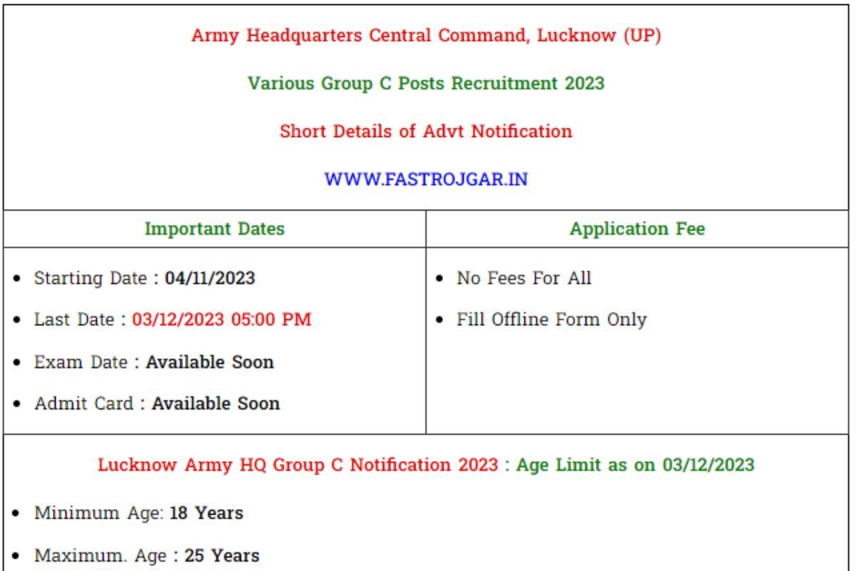 Lucknow Army HQ Group C Recruitment 2023, Eligibility, Notification, Vacancy