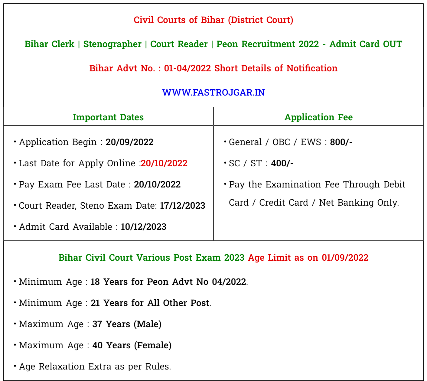 Bihar Civil Court Various Post Admit Card 2023 Release