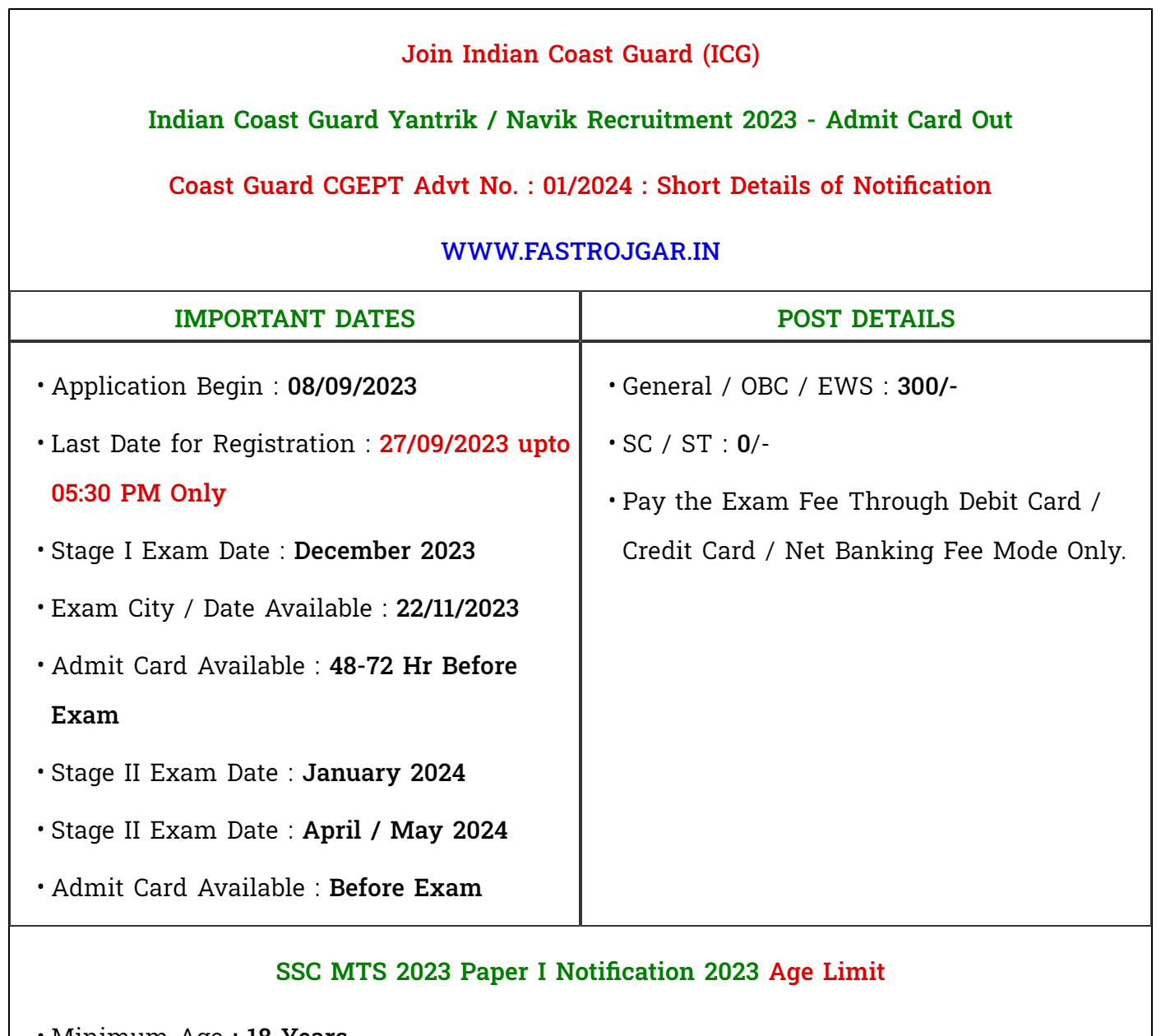 Coast Guard Yantrik / Navik CGEPT 01/2024 Admit Card 2023 Direct Download Link