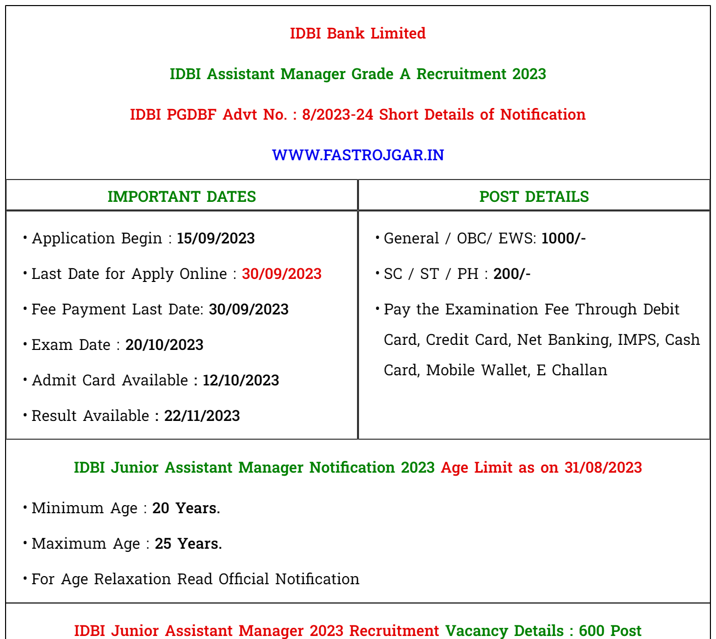 IDBI Junior Assistant Manager Result 2023 Download Direct Link