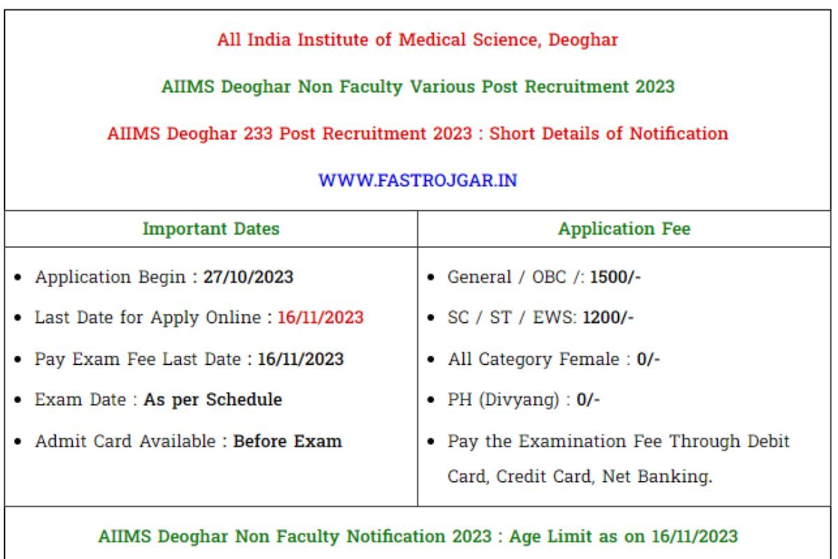 AIIMS Deoghar Non Faculty Recruitment 2023, Eligibility, Notification, Vacancy