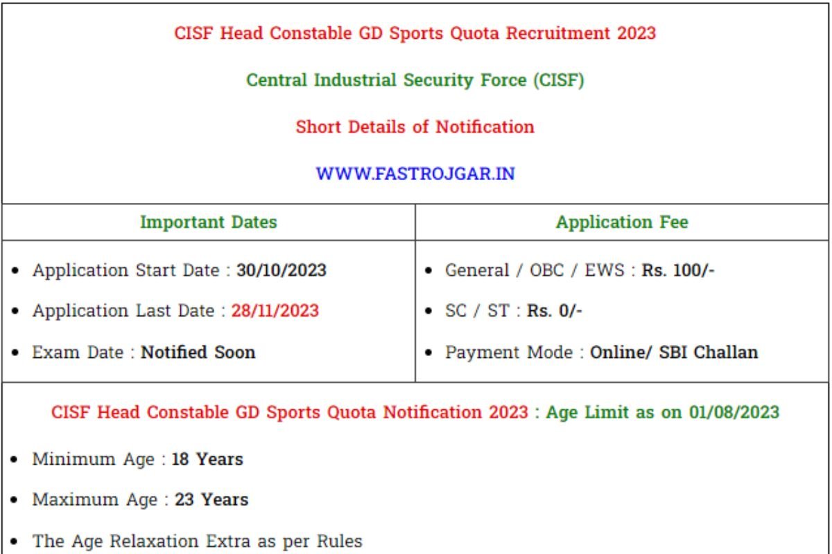 CISF Head Constable GD Sports Quota Recruitment 2023, Eligibility, Notification, Vacancy