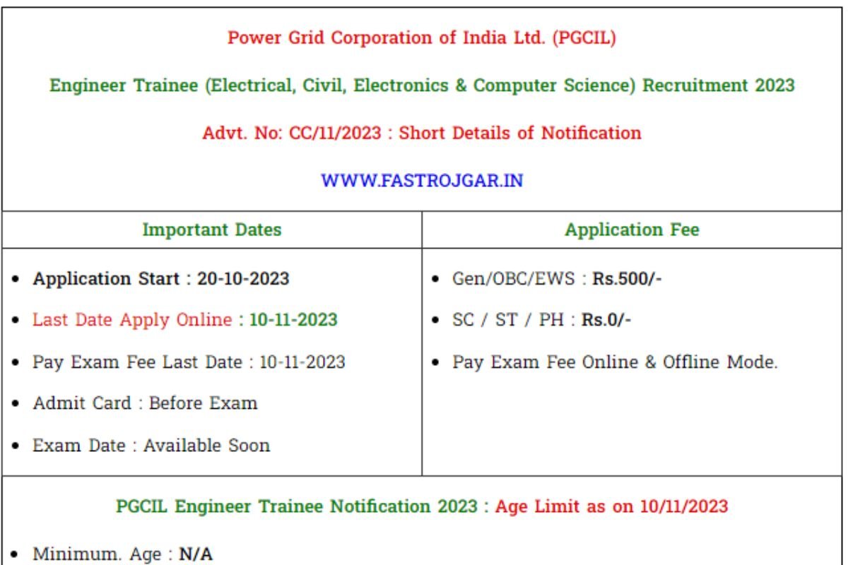 PGCIL Engineer Trainee Recruitment 2023, Eligibility, Notification, Vacancy