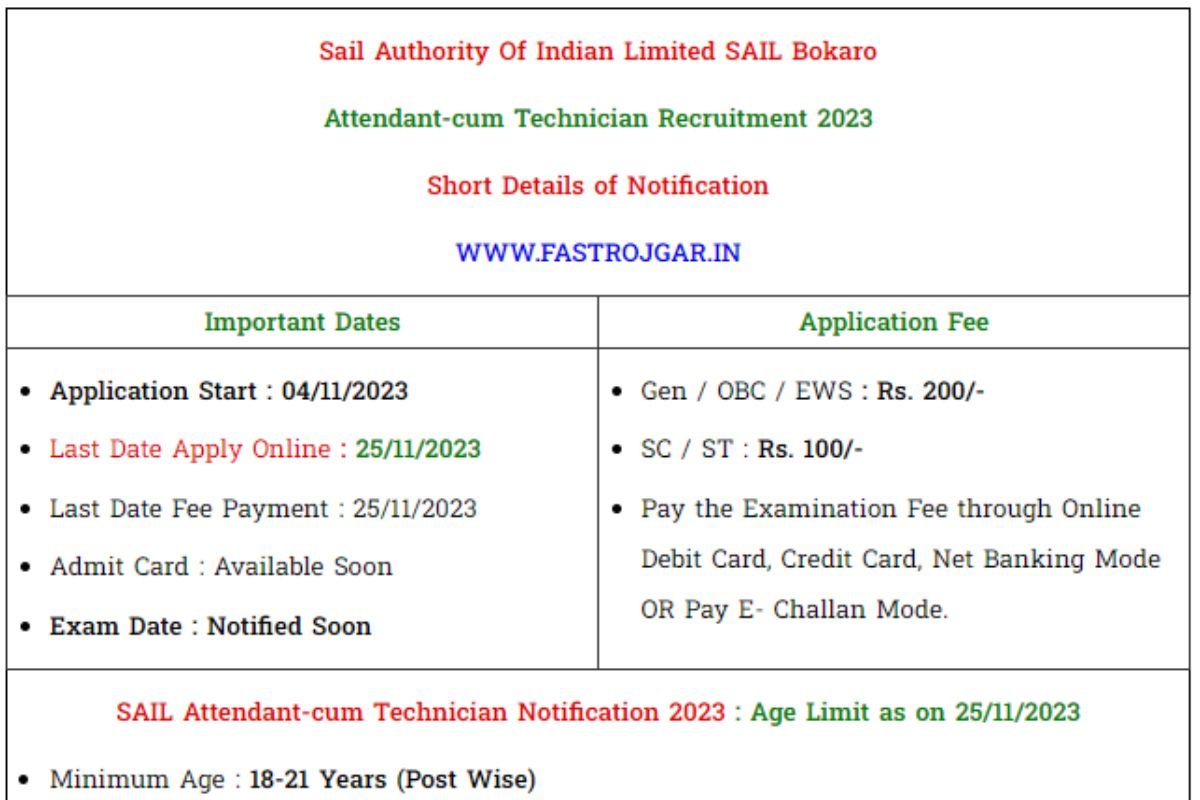 SAIL Attendant-cum Technician Recruitment 2023, Eligibility, Notification, Vacancy