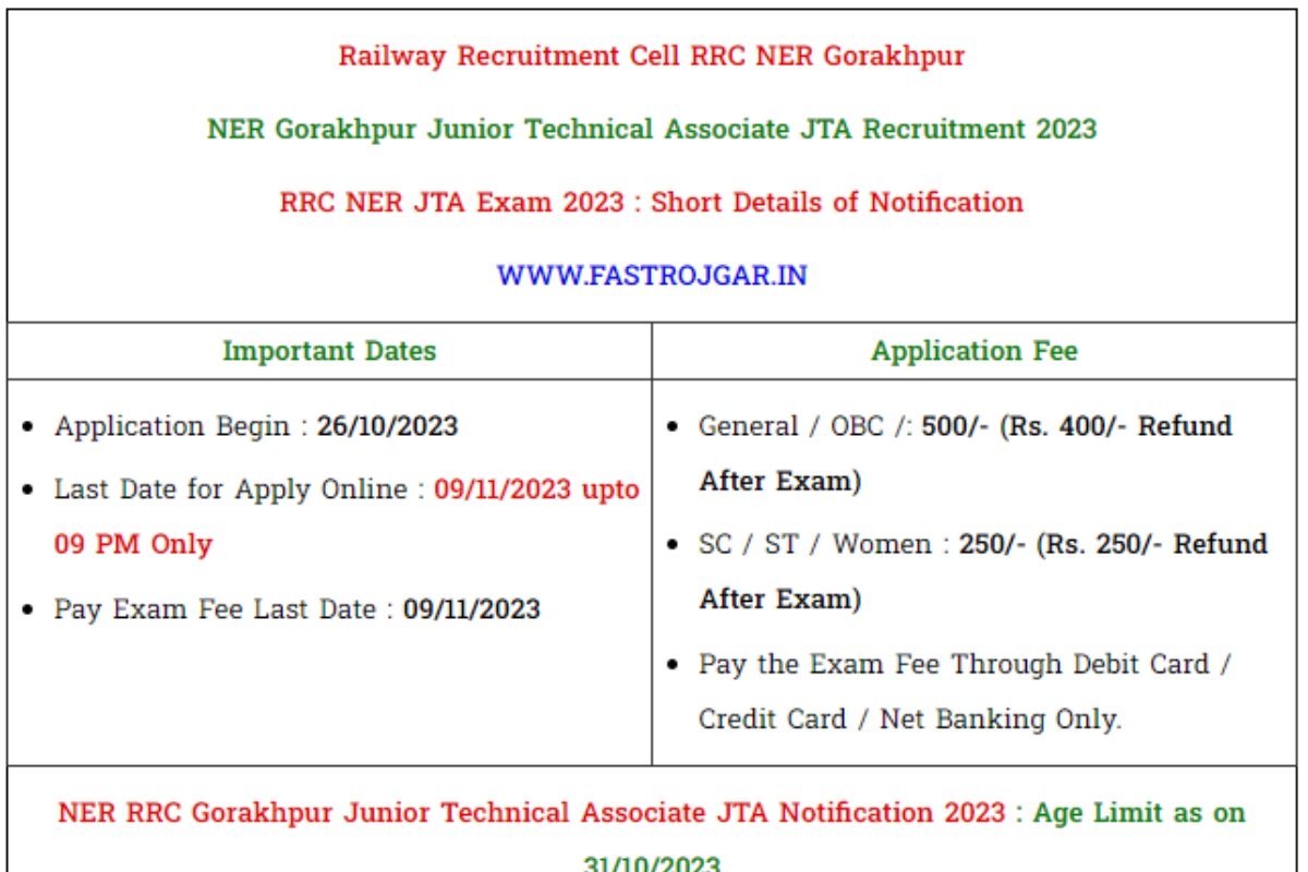 NER RRC Gorakhpur Junior Technical Associate JTA Recruitment 2023, Eligibility, Notification, Vacancy